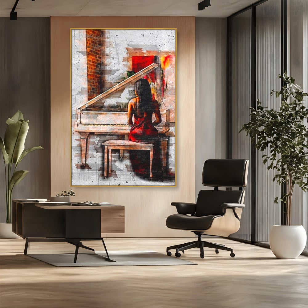 Tablou canvas cu tablou canvas cu pianistica in rosu, in rama de aluminiu auriu, pe perete intr-un birou